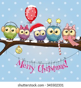 Greeting Christmas card Five Owls on a branch with balloon