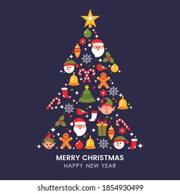 greeting christmas and greeting card with flat icons such as santa claus, snowman, gift, bell, holly, gingerbread. flat vector illustration isolated on dark background