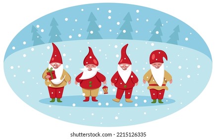 Saludando la tarjeta de Navidad con cuatro lindos Gnomes. Ilustración vectorial plana de Feliz Navidad. EPS10. Pequeños gnomos en el bosque invernal bajo la nieve.