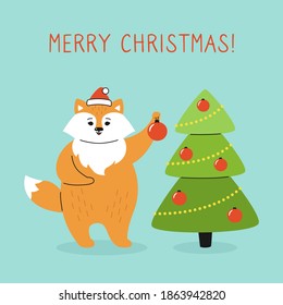 Greeting Christmas card, fox with New year tree. Red fox in Santa Claus hat. Hand drawn funny cartoon christmas character. Happy New year, merry Christmas. Animal vector