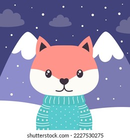 greeting christmas card with fox on mountains background, cartoon winter illustration in flat style