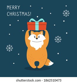 Greeting Christmas card, fox with snow and gift box. Hand drawn funny cartoon New year red fox christmas character. Happy New year, merry Christmas. Animal vector