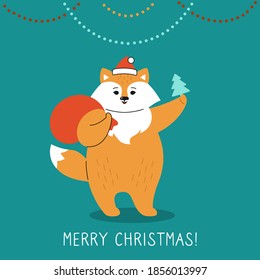 Greeting Christmas card, fox with tree and santa bag. New year red fox in Santa Claus hat. Hand drawn funny cartoon christmas character. Happy New year, merry Christmas. Animal vector