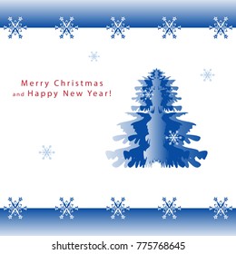 Greeting christmas card, frame of snowflakes. In the center there is a furry blue Christmas tree. Branches of fir trees are covered with snow, snowfall. Monochrome design for winter decor banner,flyer