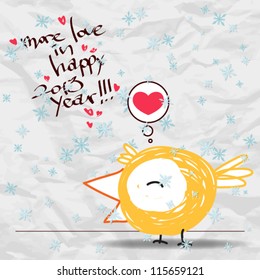 Greeting christmas card with funny bird character. Vector illustration