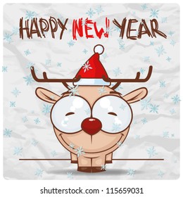 Greeting christmas card with funny deer character. Vector illustration