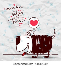 Greeting christmas card with funny doggy character. Vector illustration