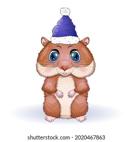 Greeting christmas card with funny hamster character. Winter, christmas, gifts and tree