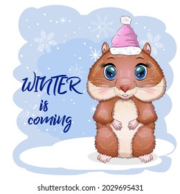 Greeting Christmas card with funny hamster character. Winter is coming, Christmas, presents and tree