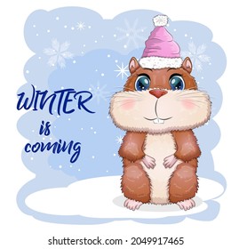 Greeting Christmas card with funny hamster character. Winter is coming, Christmas, presents and tree