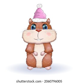 Greeting christmas card with funny hamster character. Winter, christmas, gifts and tree