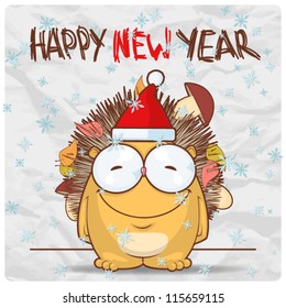 Greeting christmas card with funny hedgehog character. Vector illustration