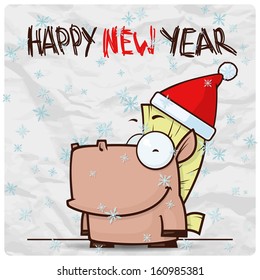 Greeting christmas card with funny horse character. Vector illustration