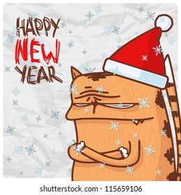 Greeting christmas card with funny kitty character. Vector illustration