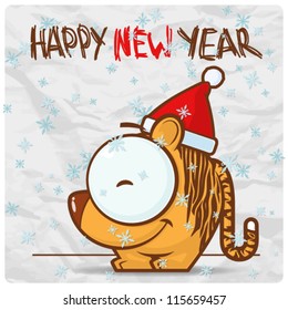 Greeting christmas card with funny tiger character. Vector illustration