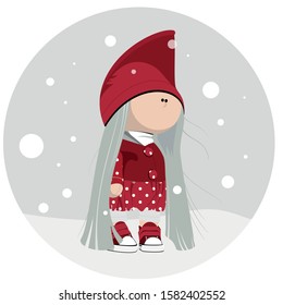 Greeting Christmas card with girl elf gnome doll