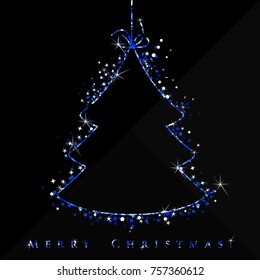 Greeting Christmas card with  glitter tree in a minimalistic abstract luxury style. Golden Xmas trees on black background.