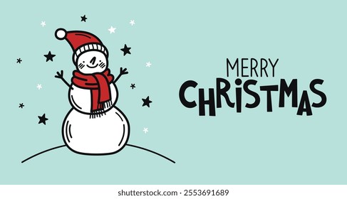 Greeting Christmas card. Hand-drawn doodle style illustration with lettering. Banner, poster, flyer for social media. Vector illustration