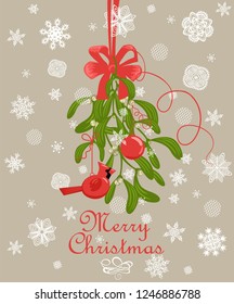 Greeting Christmas card with hanging decoration with bunch of mistletoe with berries, red bow and baubles, redbird toy and paper cutting snowflakes
