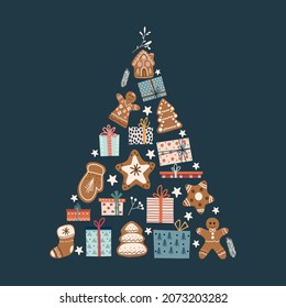 Greeting Christmas card, invitation. Gift boxes and gingerbread cookies making pine tree shape. Christmas and New Year card design. Christmas tree or pine tree on dark background