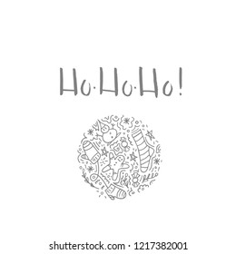 Greeting Christmas card with "Ho-Hо-Ho" lettering, and doodle with different holidays elements.