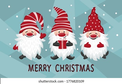 Greeting Christmas card with little cute gnomes. Vector holiday illustration