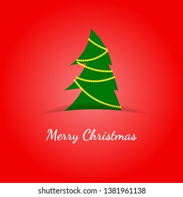Greeting christmas card in a minimalist flat style. Paper green Christmas tree hidden in the paper slot