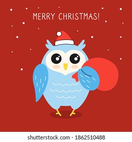 Greeting Christmas card, owl with gift santa bag. New year bird in Santa Claus hat. Hand drawn funny cartoon christmas character. Happy New year, merry Christmas. Animal vector