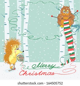 Greeting Christmas card with an owl and hedgehog, where you can put your text