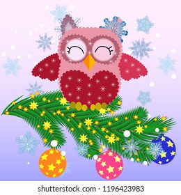 Greeting Christmas card Owl on a branch with balloon