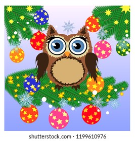 Greeting Christmas card Owl on a branch with balloon
