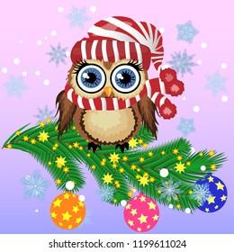 Greeting Christmas card Owl on a branch with balloon