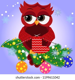 Greeting Christmas card Owl on a branch with balloon
