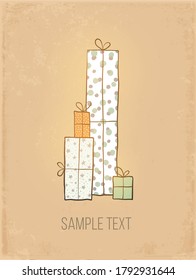 Greeting christmas card with pile of gift boxes on vintage background