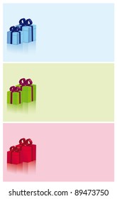 Greeting christmas card with present box, three color variants