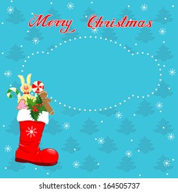 Greeting Christmas card with a Red  boot and presents on the background of trees
