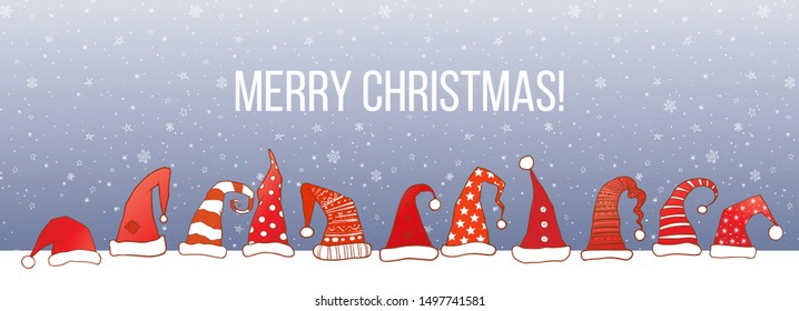 Greeting christmas card with red santa hats and snow on night background.