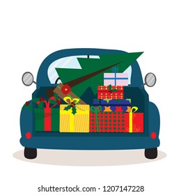 Greeting Christmas card with retro car with gift boxes and Christmas tree