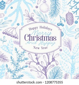 Greeting Christmas card in retro style. Vector hand drawn illustrations. Banner with coniferous, pine branches, berries, holly, mistletoe. Winter forest background. Merry Christmas template.