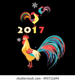 Greeting Christmas card with a rooster on a dark background