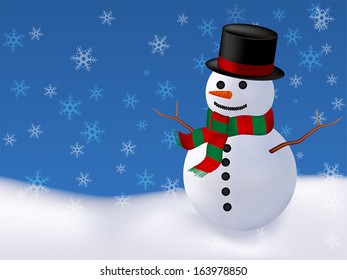 Greeting christmas card with snowman and snowfall.