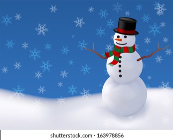 Greeting christmas card with snowman and snowfall.