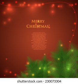 greeting christmas card with spruce branches and lights. Festive illumination in shades of red. Vector illustration