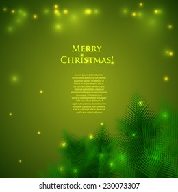 greeting christmas card with spruce branches and lights. Festive illumination in shades of green. Vector illustration