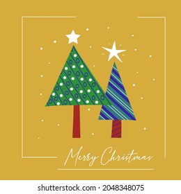 Greeting Christmas card of stylized decorated Christmas trees. Vector poster hand drawn.