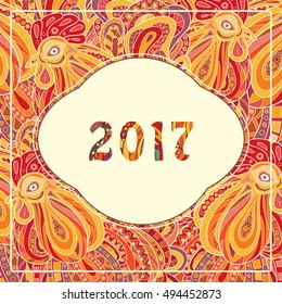 Greeting Christmas card. The symbol of New Year 2017. Greeting card with a pattern of hand-drawn and painted roosters.