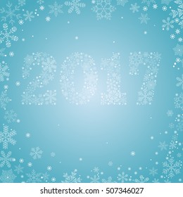 Greeting Christmas card with a symbol of new 2017. The emblem of the new year from a variety of snowflakes on a light blue background.