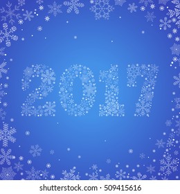 Greeting Christmas card with a symbol of new 2017. The emblem of the new year from a variety of snowflakes on a light blue background.