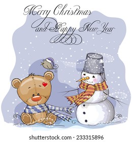 Greeting Christmas card Teddy, Snowman and bird