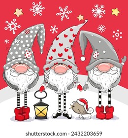 Greeting Christmas card with Three cute Gnomes on a red background